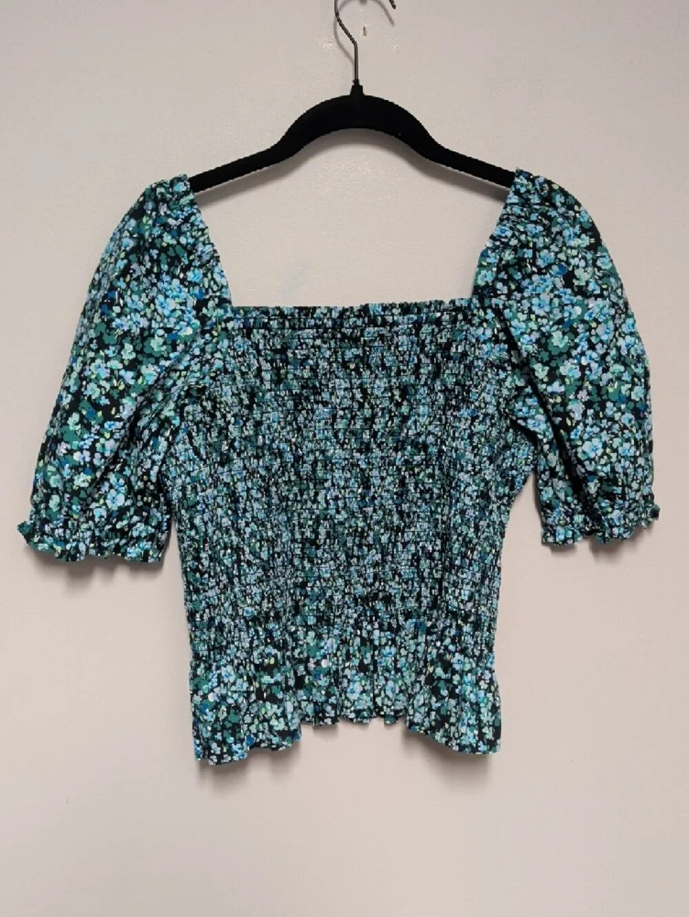 J. Crew Smocked Square-Neck Floral Top in Teal and Black